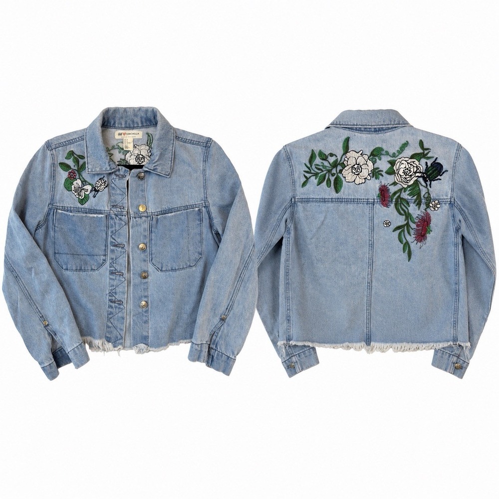 H&M Coachella Denim Jean Jacket Size 8 Embroidered Floral Raw Hem Festival Boho